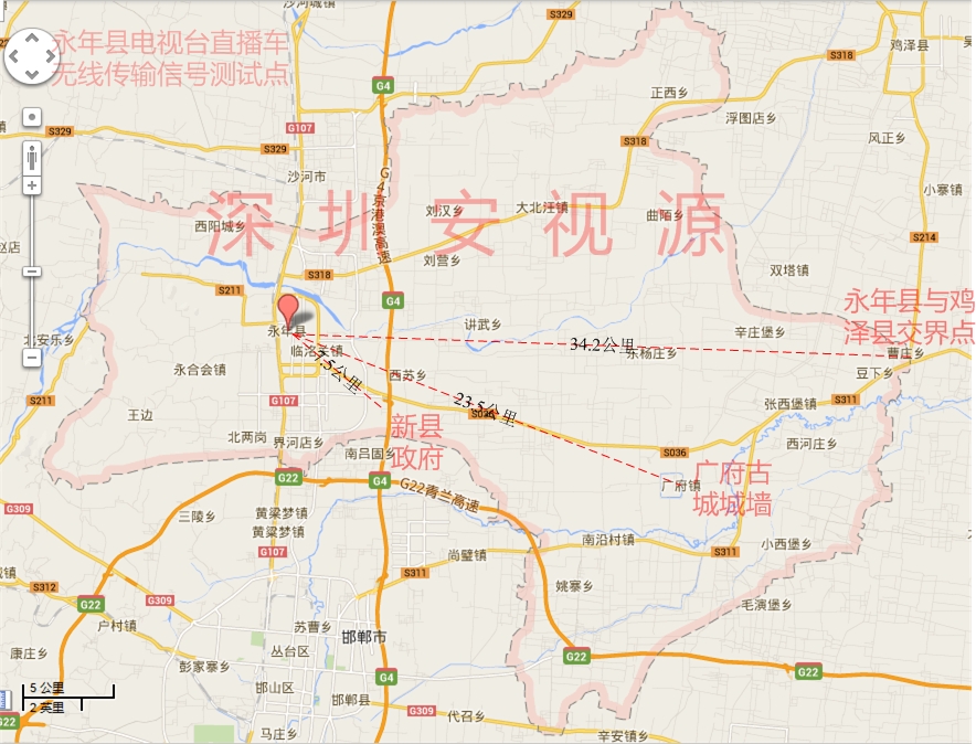 永年縣電視臺在地圖中的位置以及永年縣版圖內(nèi)各信號測試點位置，以及永年縣電視臺直播車無線傳輸信號測試點